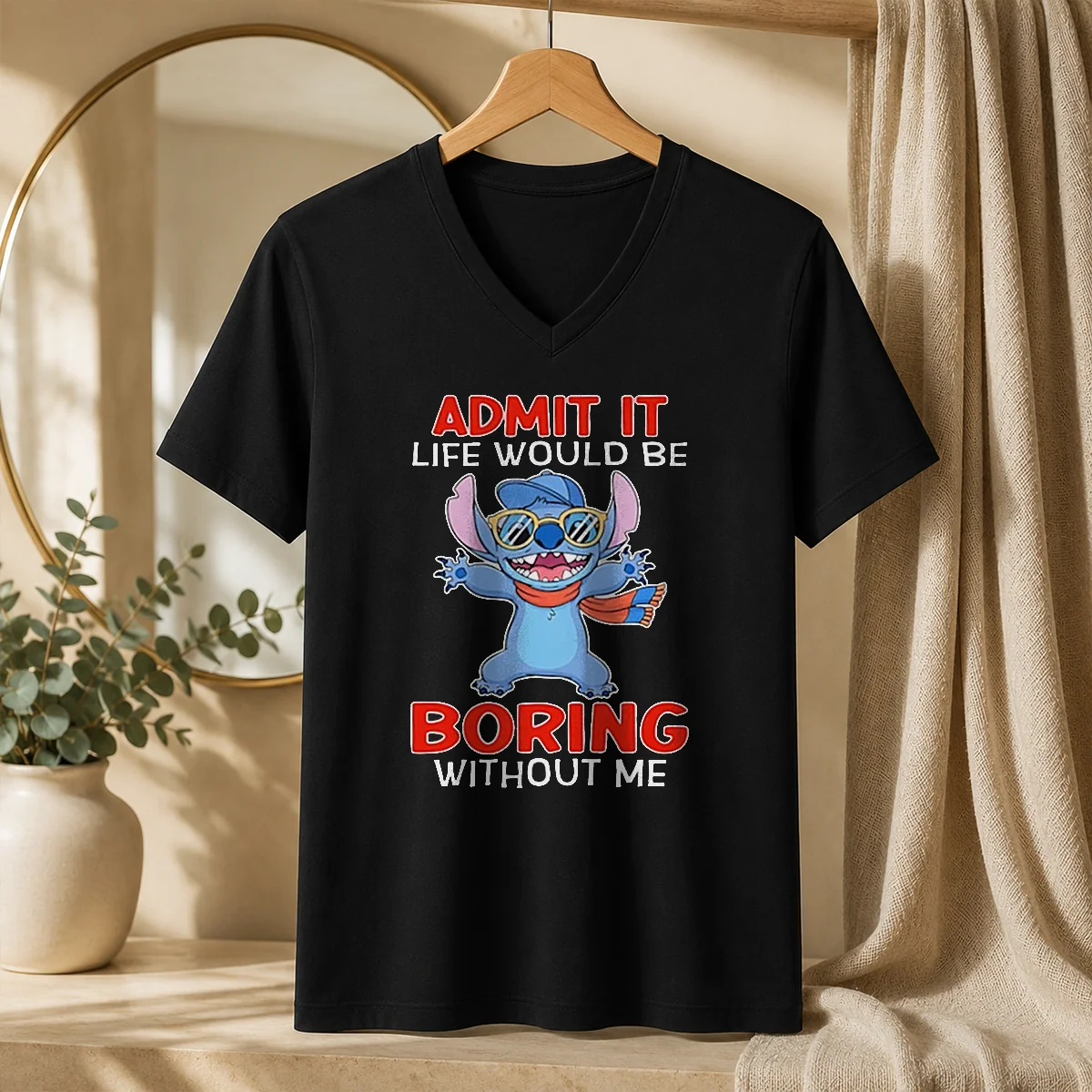 Premium Stitch Cute Cartoon Graphic Admit V-Neck Shirt Premium Stitch Cute Cartoon Graphic Admit V-Neck Shirt