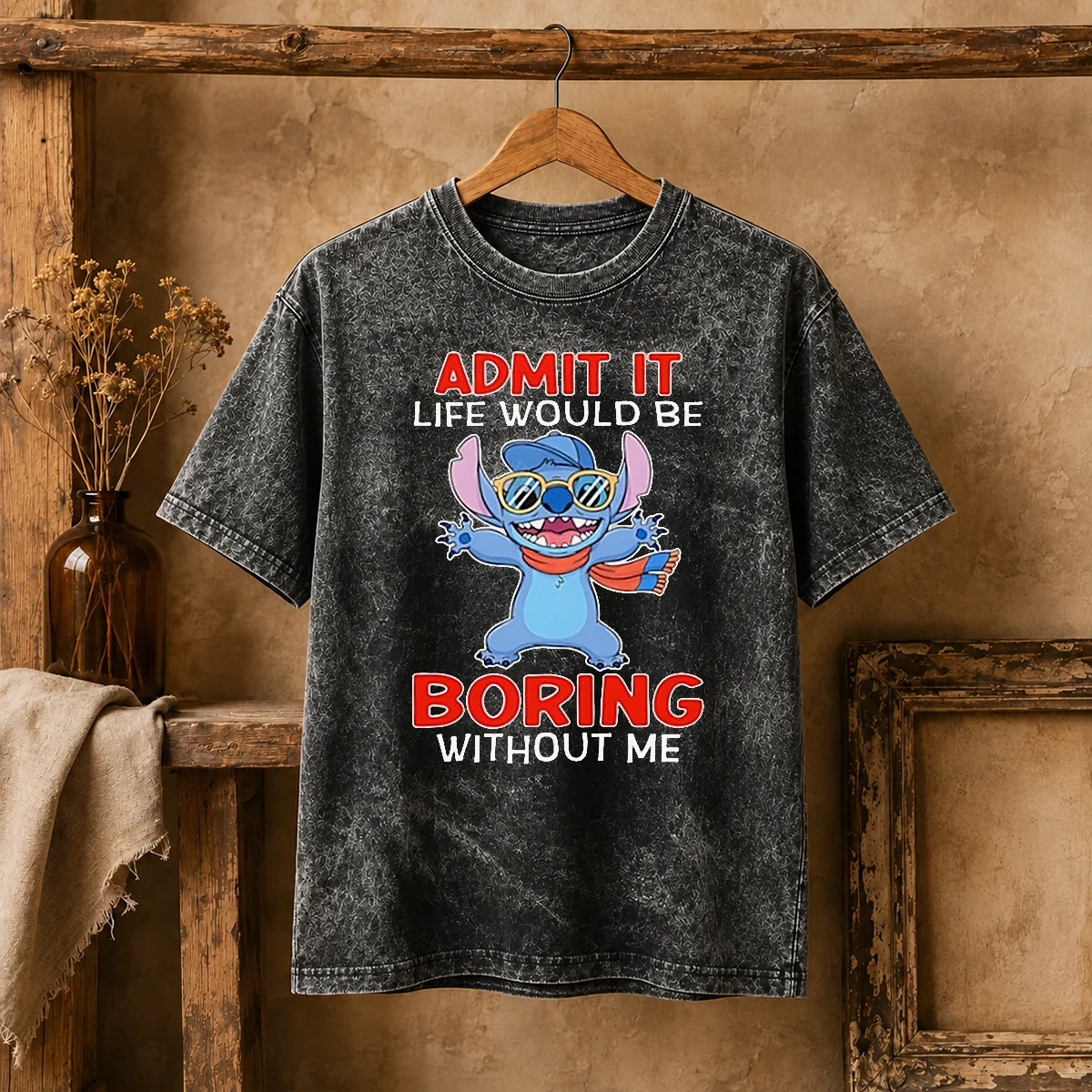 Premium Stitch Cute Cartoon Graphic Admit It Life Would Be Boring Without Me printed on a soft washed t shirt in light blue