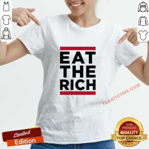 Funny Shawn Fain Eat The Rich V Neck Shirt in black with bold white text graphic on front