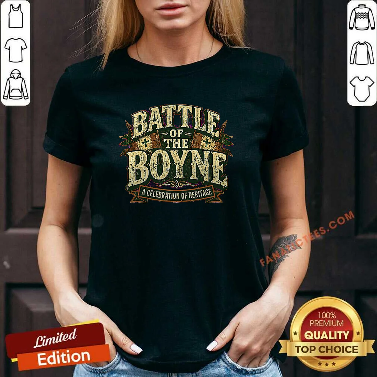 Official Battle Of The Boyne Heritage Celebration Retro Distressed V Neck Shirt in vintage style with heritage print