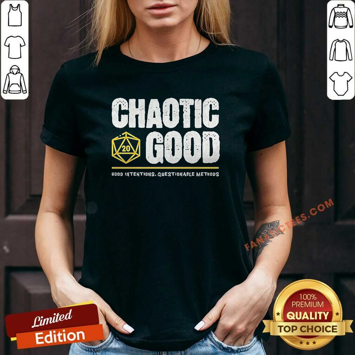 Pretty Chaotic Good D20 Dice Good Intentions Questionable Methods V Neck Shirt in heather gray, soft fabric with short sleeves