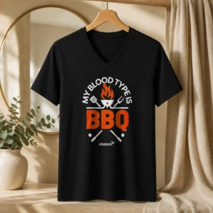 Pretty My Blood Type Is BBQ V Neck Shirt in black with white text design on front